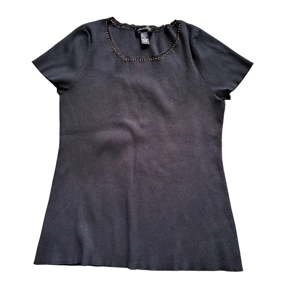 Cable & Gauge Black Ribbed Knit Top Beaded Crochet Square Neck‎ Short Sleeve XL